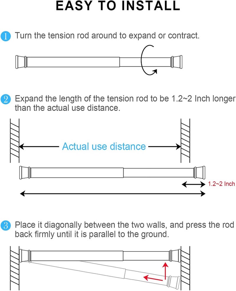 OEH Upgrade Tension Rod, Tension Rods, No Drilling Rustproof Tension curtain rod, Spring Adjustable Tension Rods for Window, Bathroom, Closet, Kitchen, Doorway, 0.9" Diameter (28"to 48"-4PCS) - Image 5